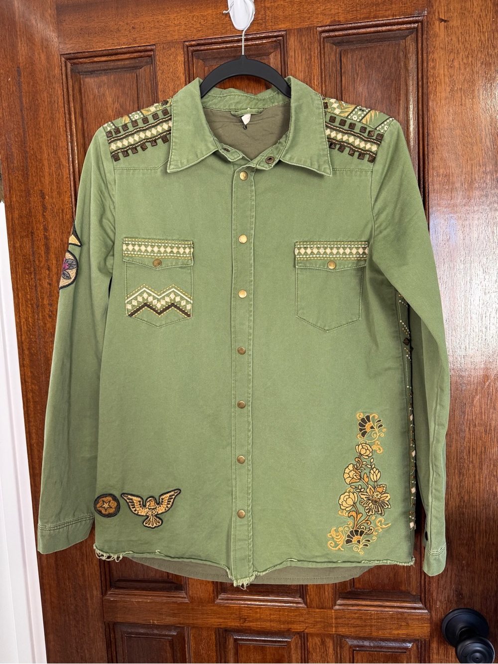 Spell & Gypsy Olive Green Embroidered Button-Down Jacket